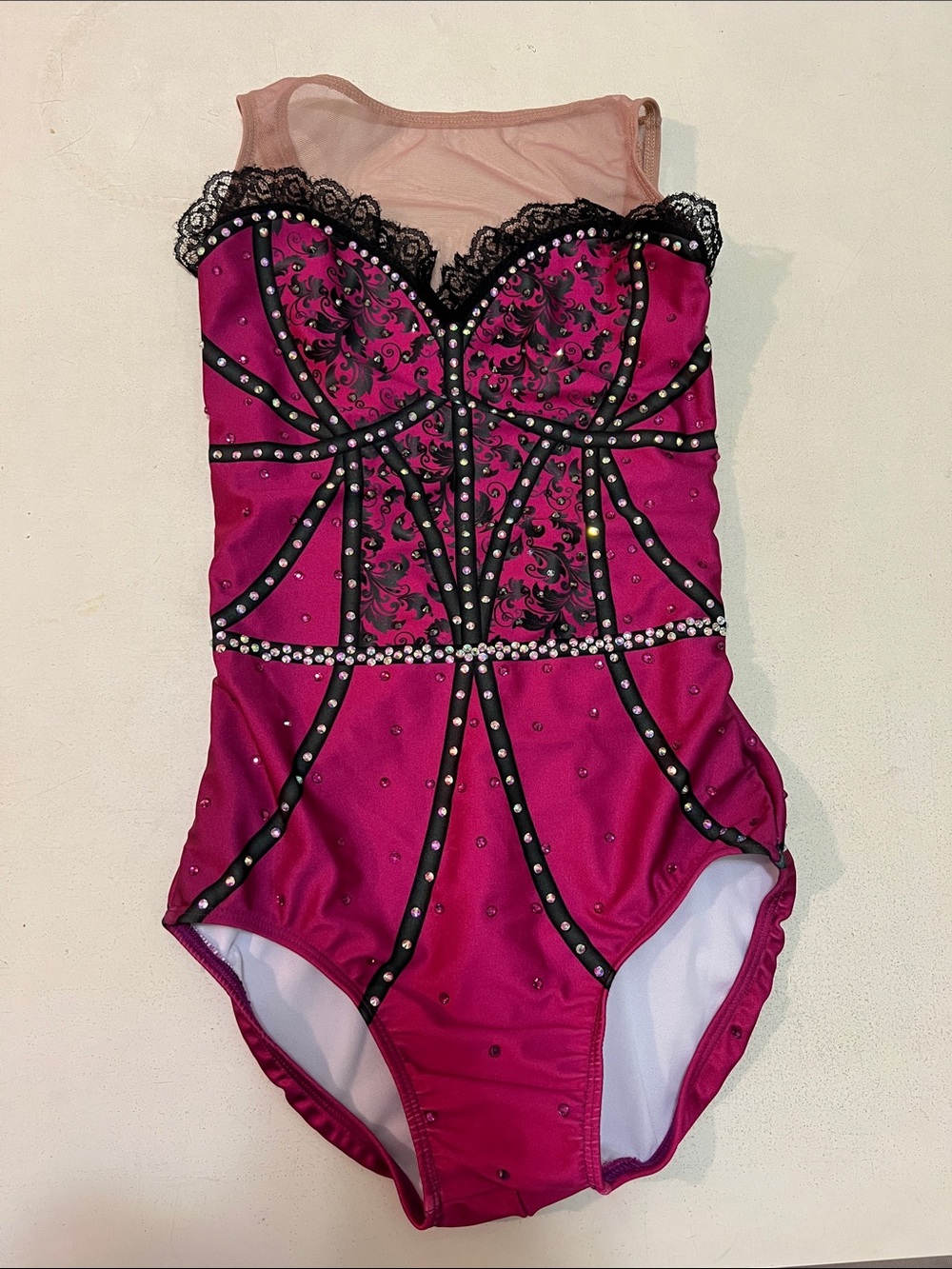 Fuchsia Embellished Mesh Panel Dance Leotard